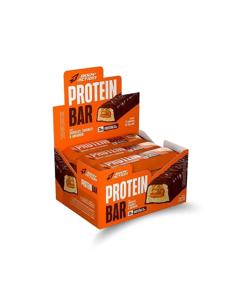 Barra de Proteína Display com 12 Unidades Sabor Caramelo com Amendoim e Chocolate com 55g Cada Bodyaction