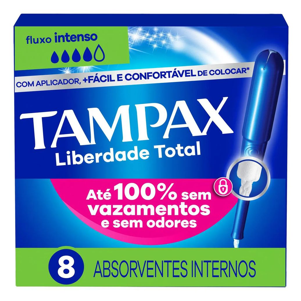 Absorvente Interno Tampax Liberdade Total para Fluxo Intenso Com Aplicador 8 unidades