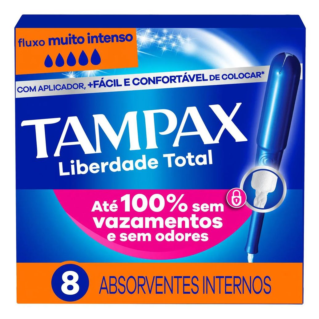 Absorvente Interno Tampax Liberdade Total para Fluxo Muito Intenso Com Aplicador 8 Unidades