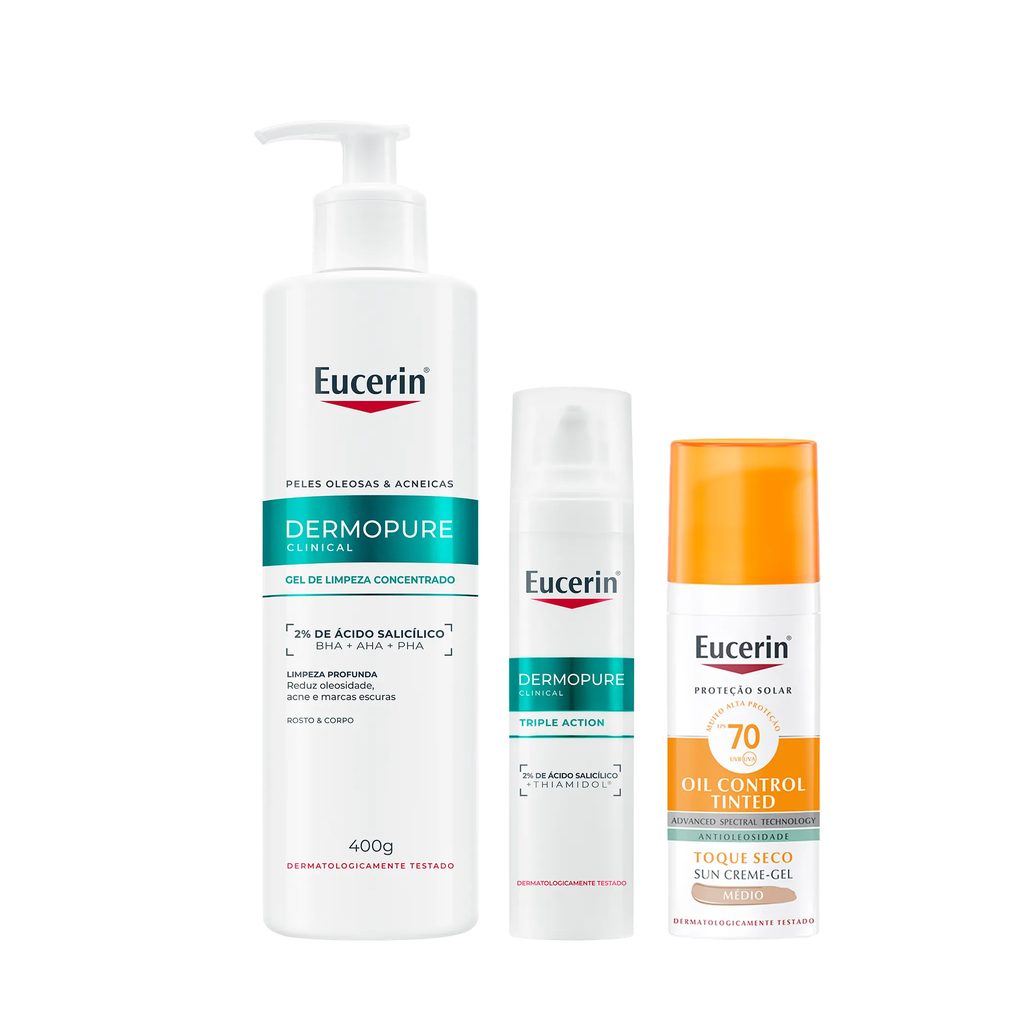 Kit Facial Eucerin Gel de Limpeza Dermo Pure Concentrado 400g + Sérum DermoPure Oil Control Efeito Triplo 40ml + Protetor Solar Sun Oil Control Tinted FPS 70 Médio 50ml