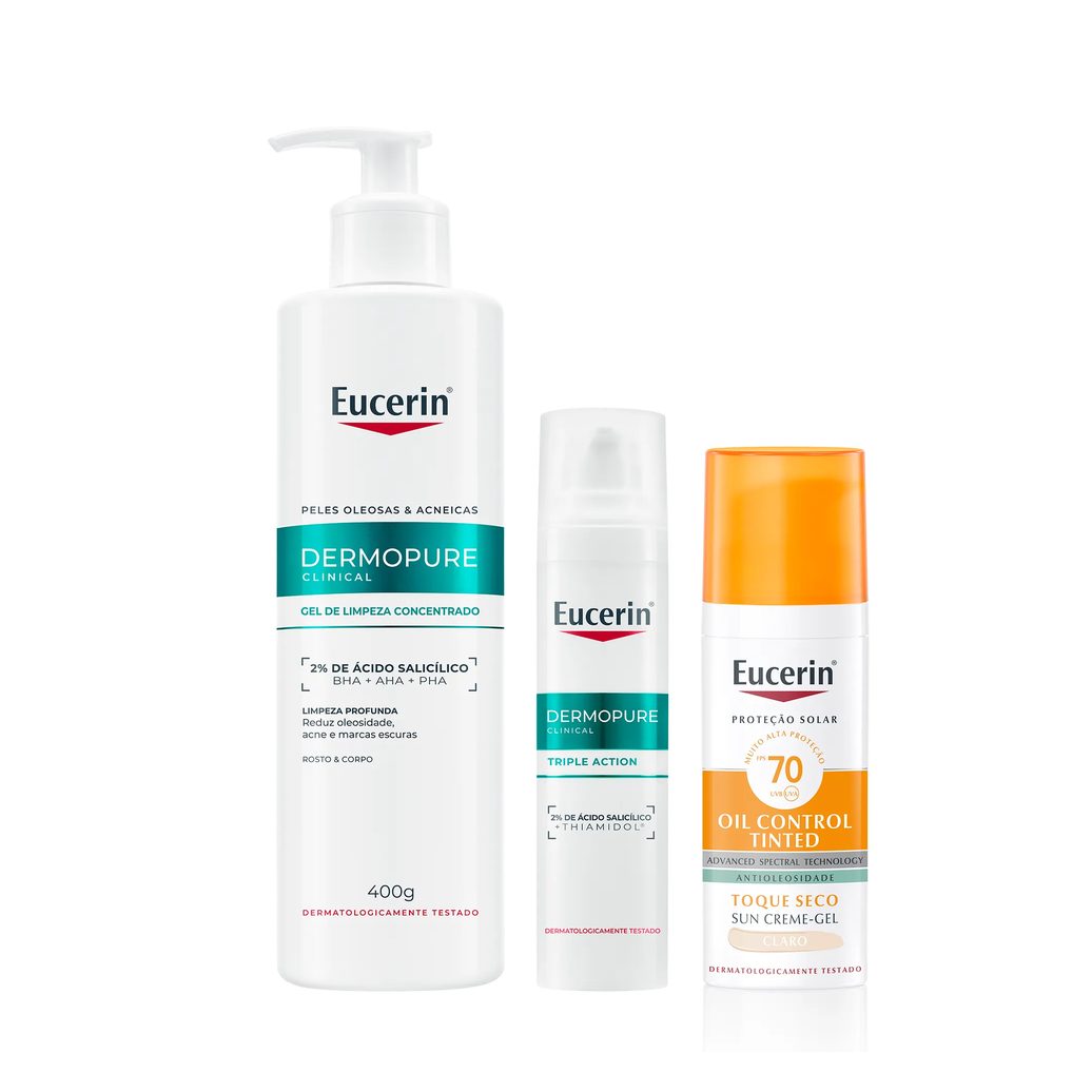 Kit Facial Eucerin Gel de Limpeza Dermo Pure Concentrado 400g + Sérum DermoPure Oil Control Efeito Triplo 40ml + Protetor Solar Sun Oil Control Tinted FPS 70 Claro 50ml