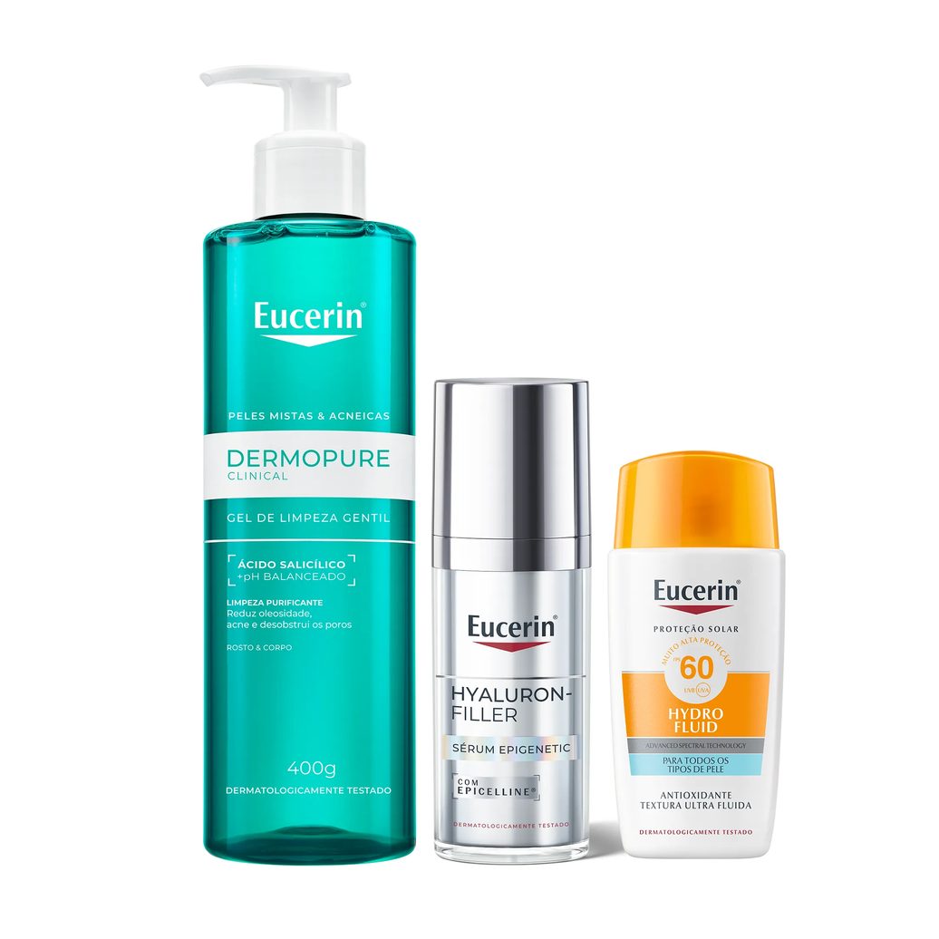 Kit Facial Eucerin Gel de Limpeza Dermo Pure Concentrado 400g + Sérum DermoPure Oil Control Efeito Triplo 40ml + Protetor Solar Gel Creme Antioleosidade FPS 60 Sun 52g