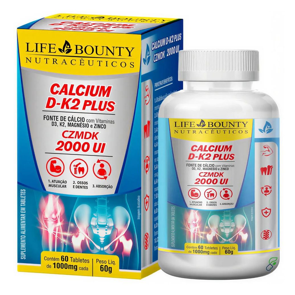 Calcium D-k2 Plus Czmdk - Cálcio + Magnésio + Zinco + Vitamina D3 + Vitaminas K2 60 Tabletes - Life Bounty