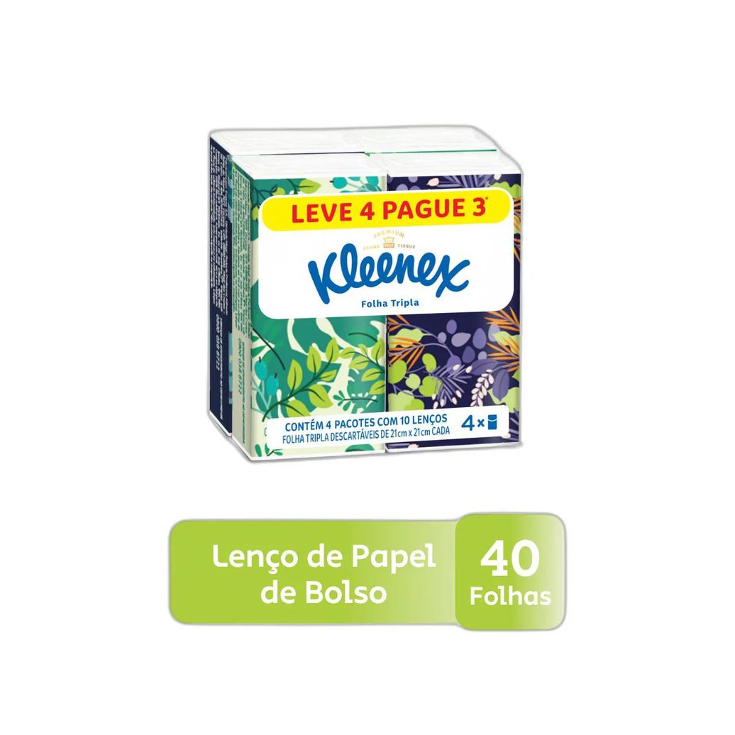Kit Lenços de Papel de Bolso Kleenex Dia a Dia Folha Tripla com 4 pacotes de 10 folhas cada