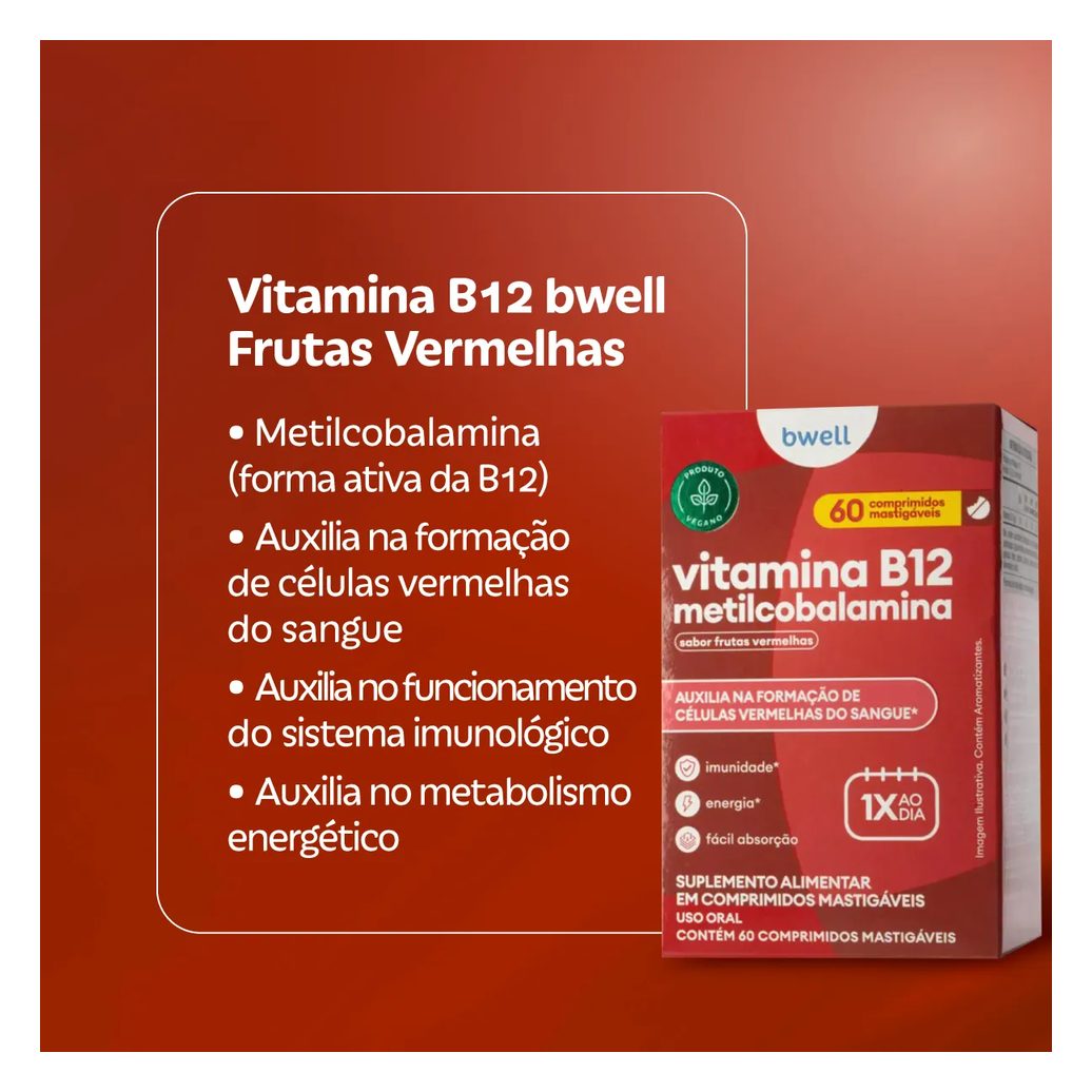 Vitamina B12 Bwell Frutas Vermelhas 60 Comprimidos Mastigáveis