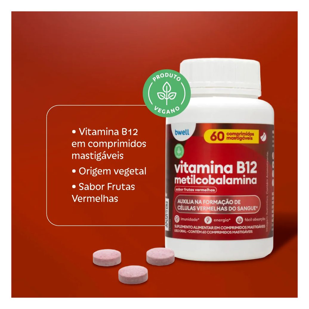 Vitamina B12 Bwell Frutas Vermelhas 60 Comprimidos Mastigáveis