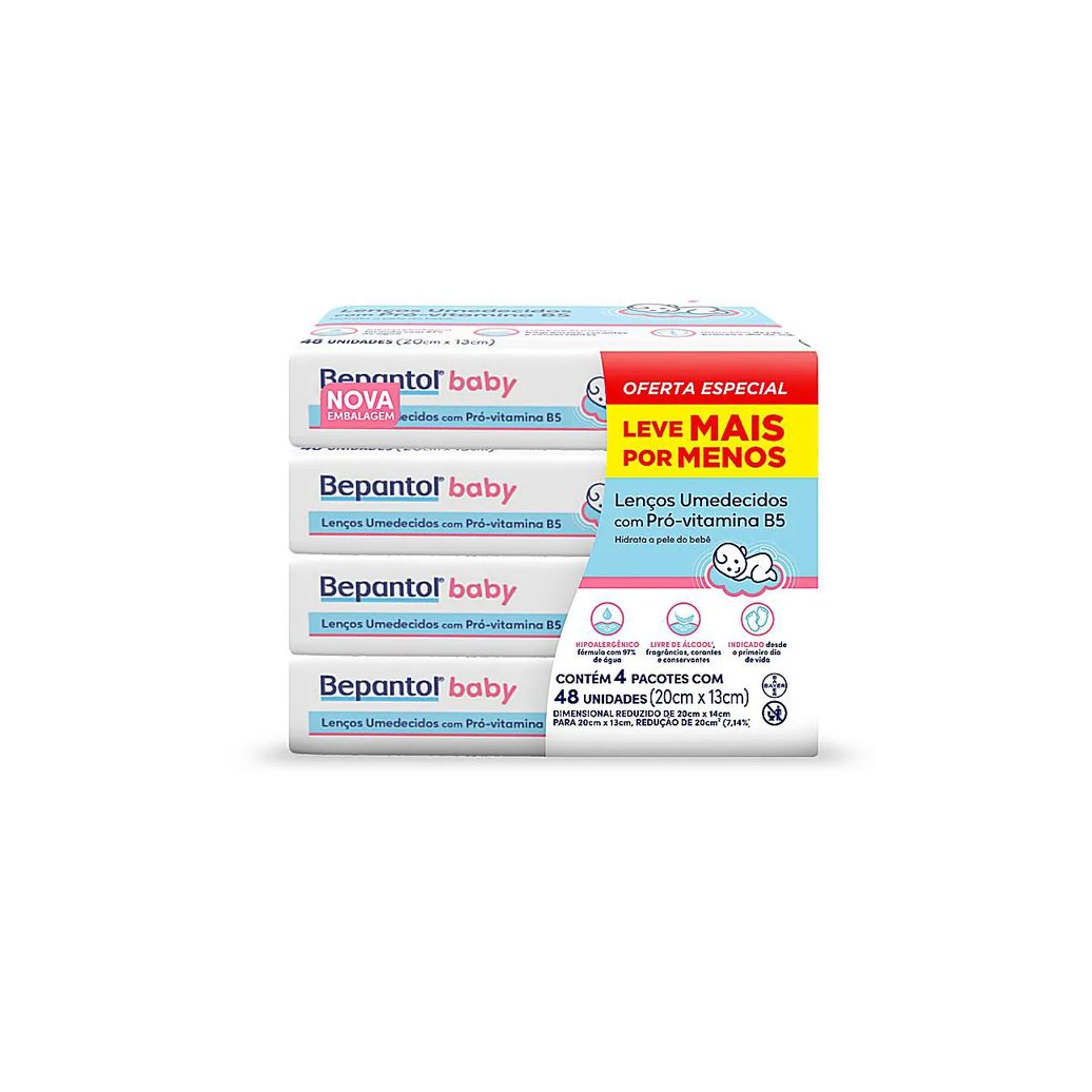 Kit Lenço Umedecido Bepantol Baby Hipoalergênico com Pró Vitamina B5 Sem Fragrância 48 unidades 4 pacotes