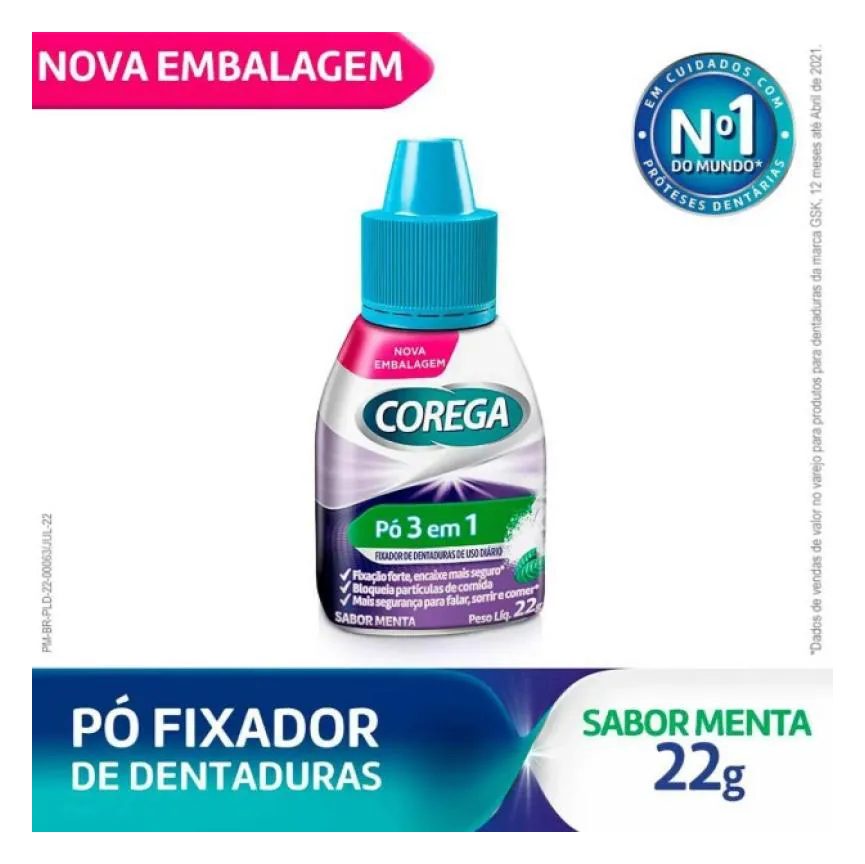 Corega Pó Fixador de Dentadura 3 em 1 Menta 22g