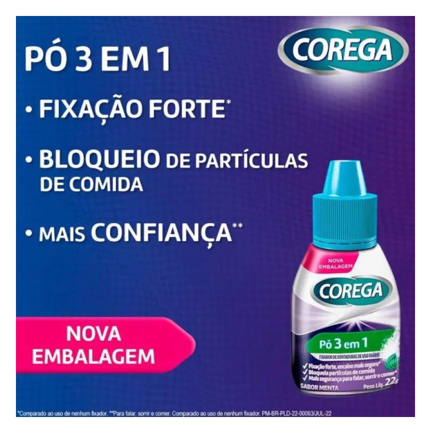 Corega Pó Fixador de Dentadura 3 em 1 Menta 22g