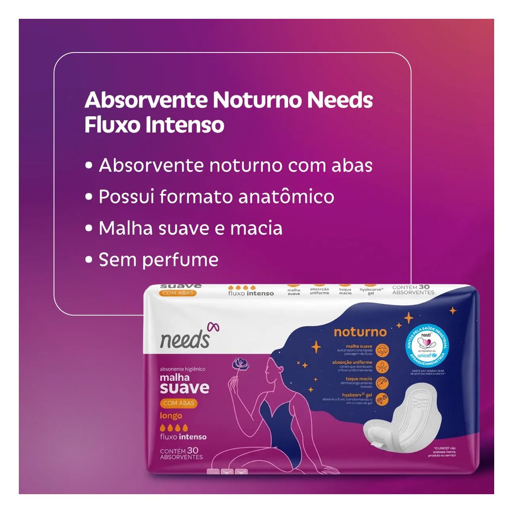 Absorvente Noturno Needs Cobertura Suave com Abas 30 Unidades