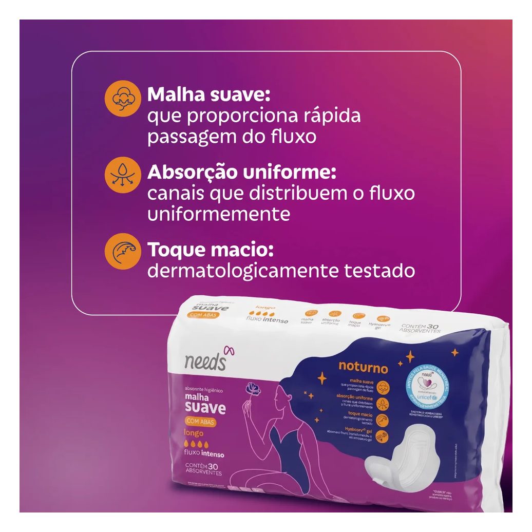 Absorvente Noturno Needs Cobertura Suave com Abas 30 Unidades