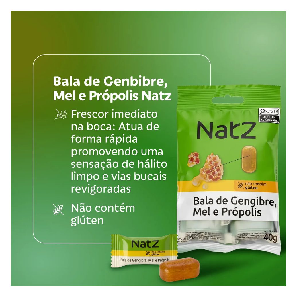 Bala de Gengibre, Mel e Própolis Natz 40g
