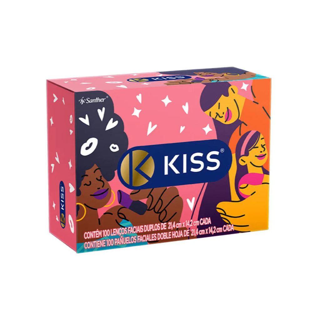 Lenço de Papel Facial Kiss Folha Dupla com 100 Unidades