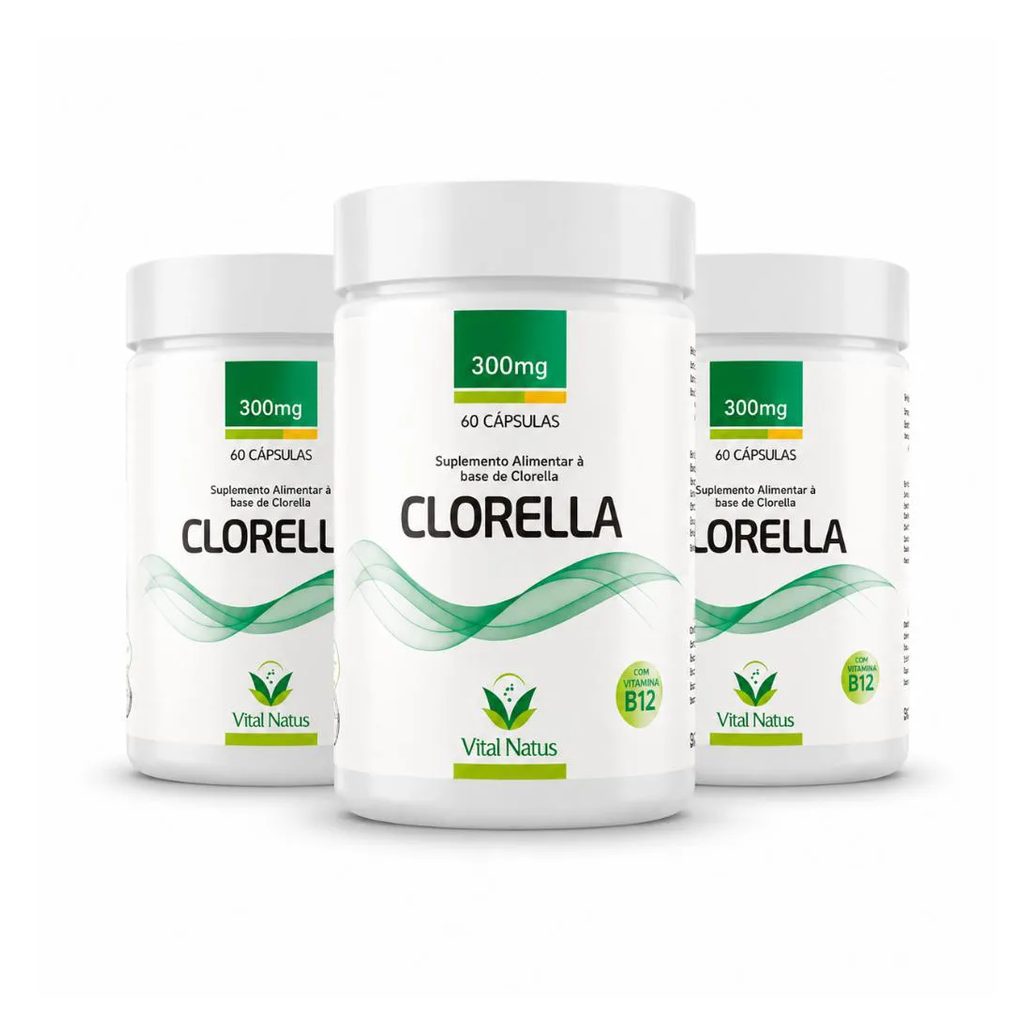 Kit 3 Clorella Vital Natus 300mg 180 Cápsulas com Clorofila e Vitamina B12 Suplemento Alimentar