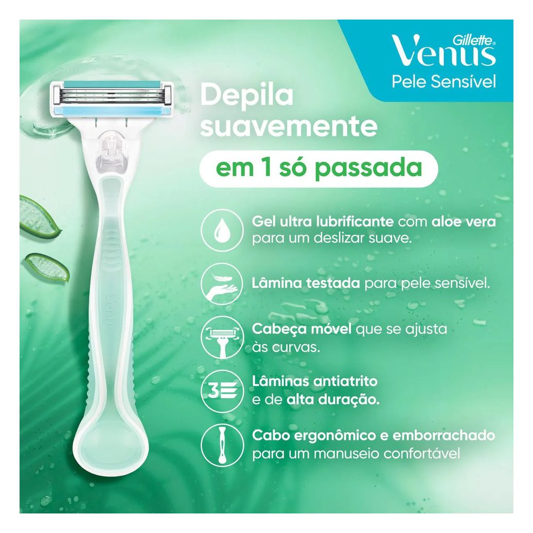 Kit Aparelho de Depilar Gillette Vênus Pele Sensível com Aloe e Vera 1 unidade + Carga 3 Unidades