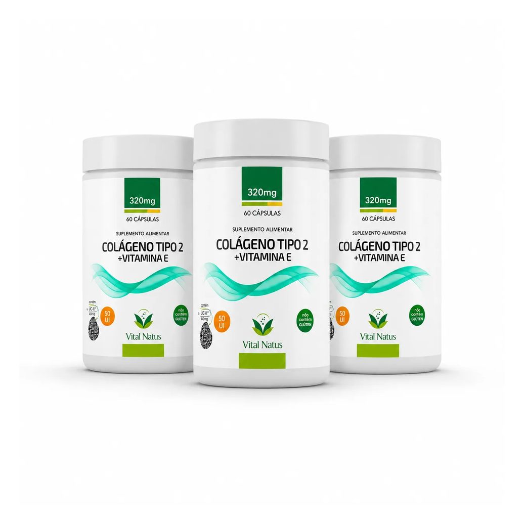 Kit 3 Frascos Colágeno Tipo 2 UC2 Vital Natus 40mg + Vitamina E 180 Cápsulas