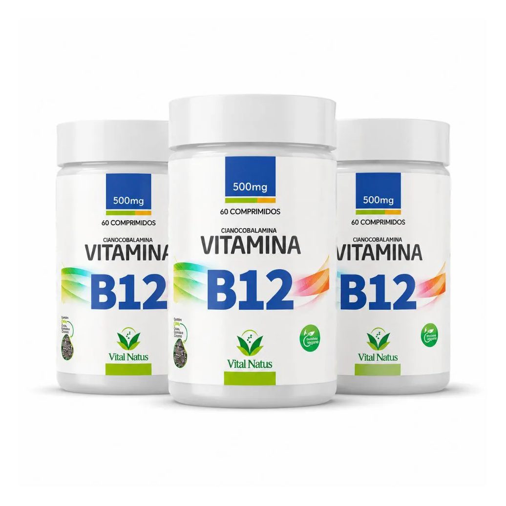 Kit 3 Frascos Vitamina B12 500mg Vital Natus Cianocobalamina 180 Comprimidos Suplemento Vegano