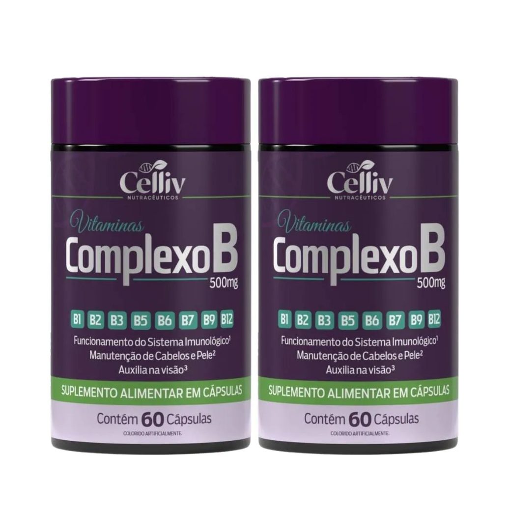 Kit 02 Complexo B (b1, B2, B3, B5, B6, B7, B9, B12) 60 cápsulas de 500mg Celliv