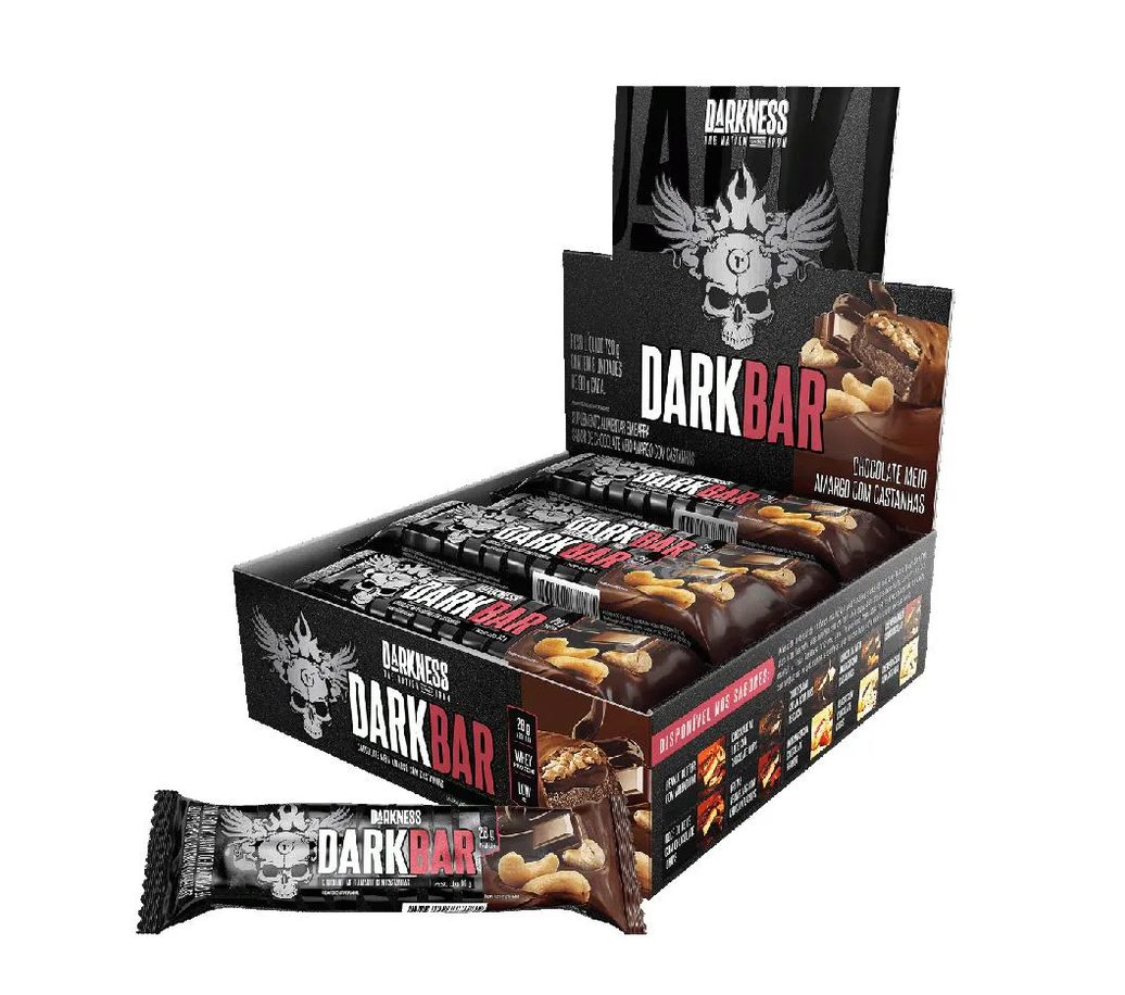 Dark Bar Caixa 8 unidades (720g) – Sabor: Choc. Meio Amargo C/ Castanhas – (nova Embalagem)