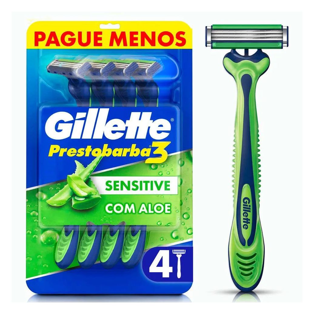 Aparelho de Barbear Gillette Prestobarba 3 Sensitive Aloe Vera 4 unidades