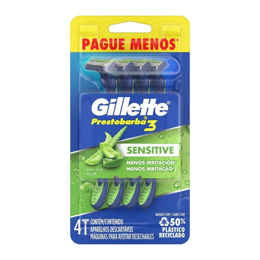 Aparelho de Barbear Gillette Prestobarba 3 Sensitive Aloe Vera 4 unidades