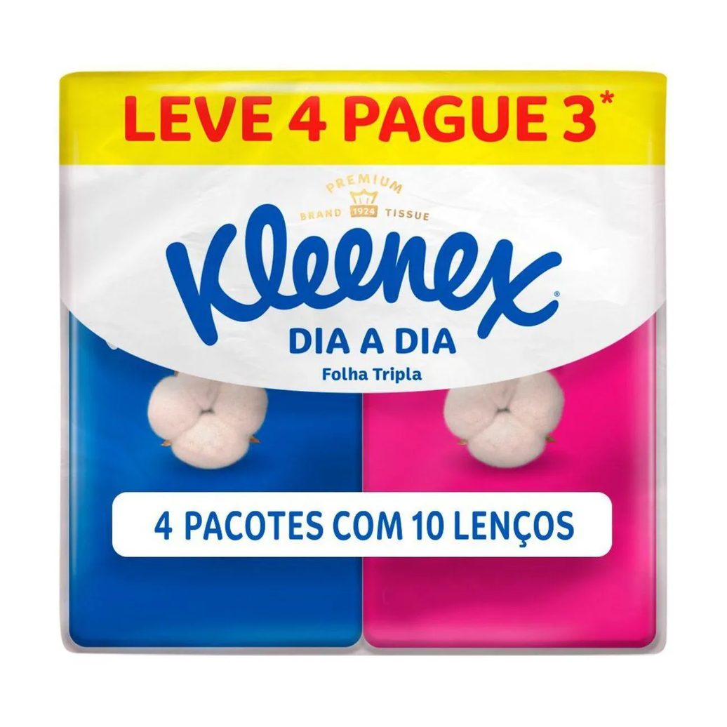 Kit Lenços de Papel de Bolso Kleenex Dia a Dia Folha Tripla com 4 pacotes de 10 folhas cada