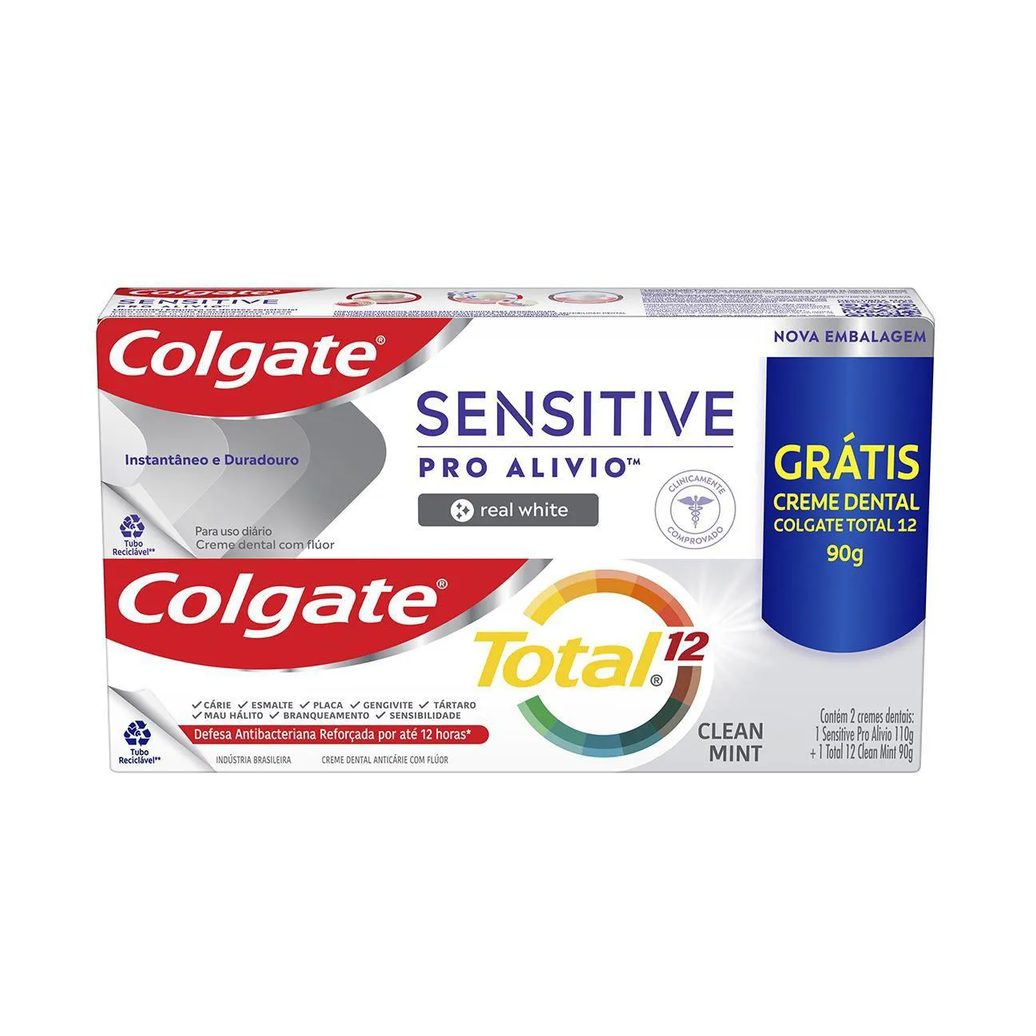 Creme Dental Colgate Sensitive Pro Alívio Real White 110g + Colgate Total 12 90g
