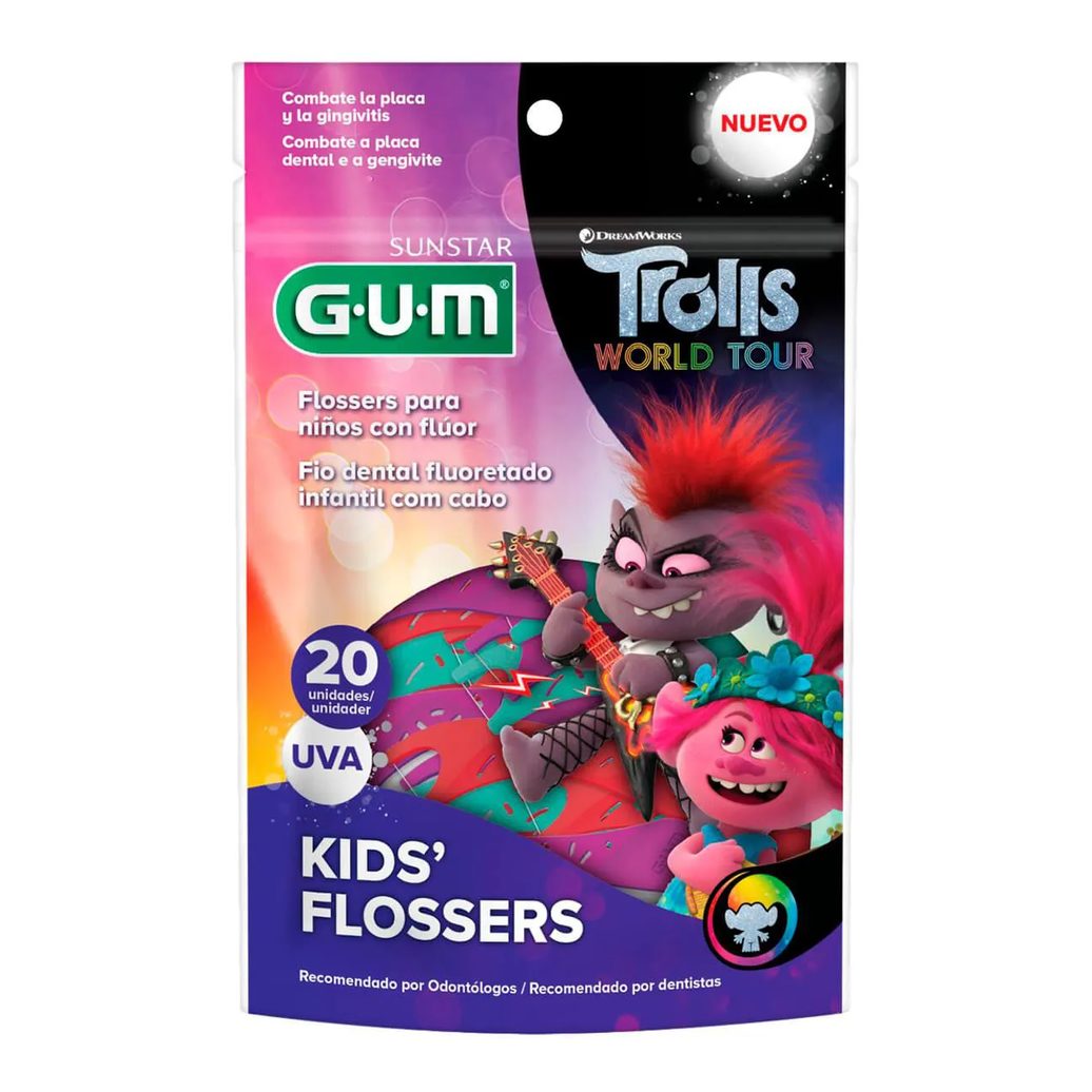 Flosser Infantil para Limpeza dos Dentes G.U.M Trolls Sabor Uva com 20 unidades