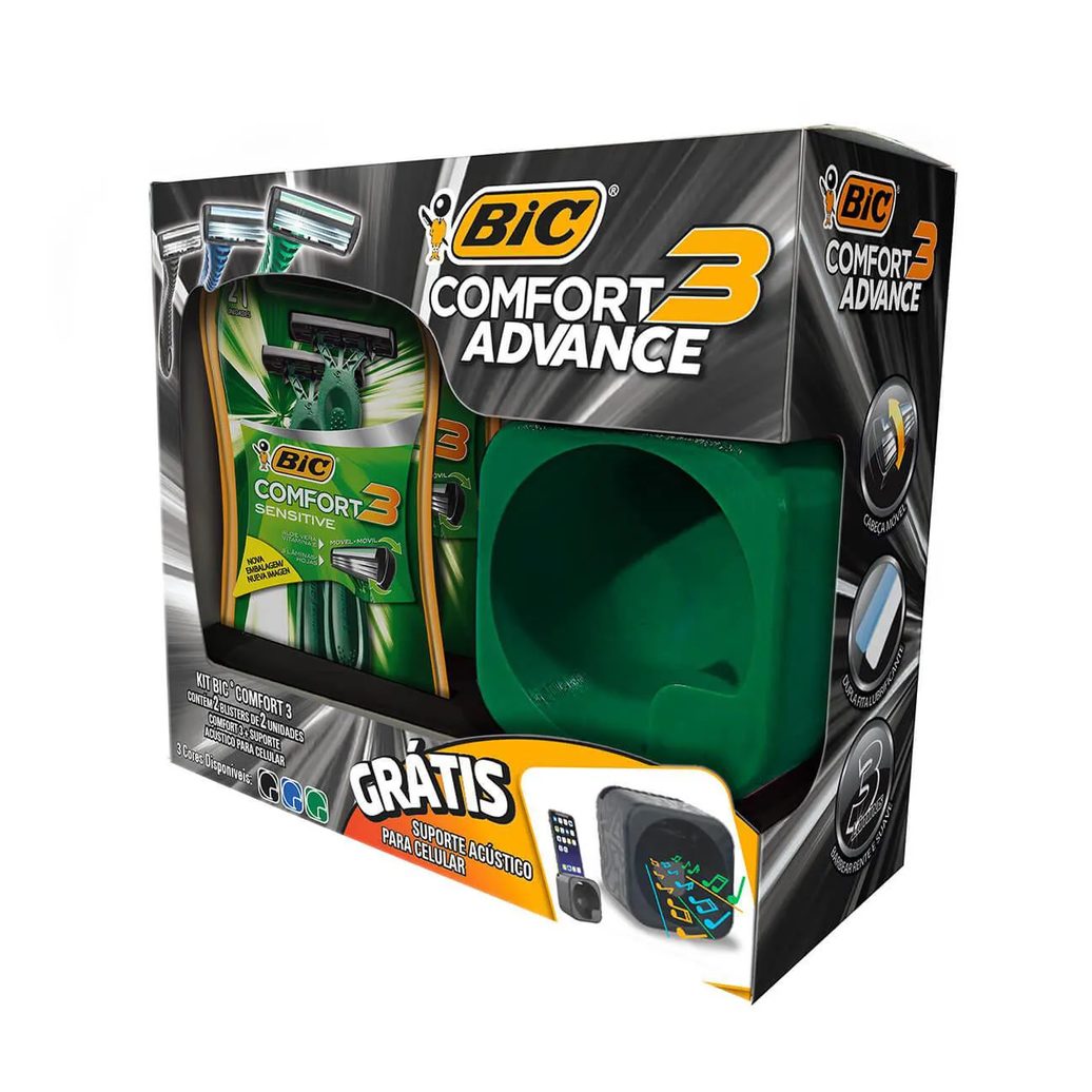 Kit Aparelho de Barbear Bic Comfort 3 Advance com 4 unidades + Suporte Acústico para Celular