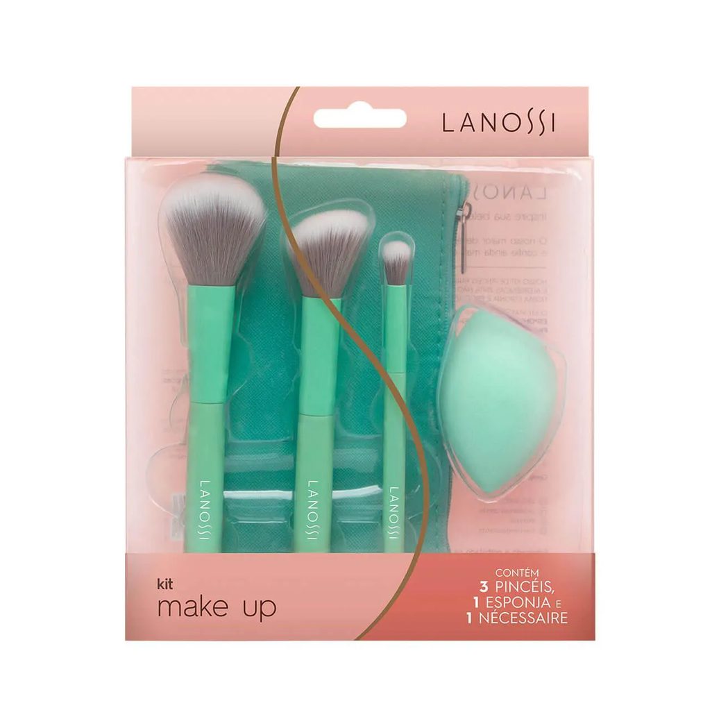 Kit com 3 Pinceis de Maquiagem Lanossi e 1 Esponja + 1 Necessaire Mint Green