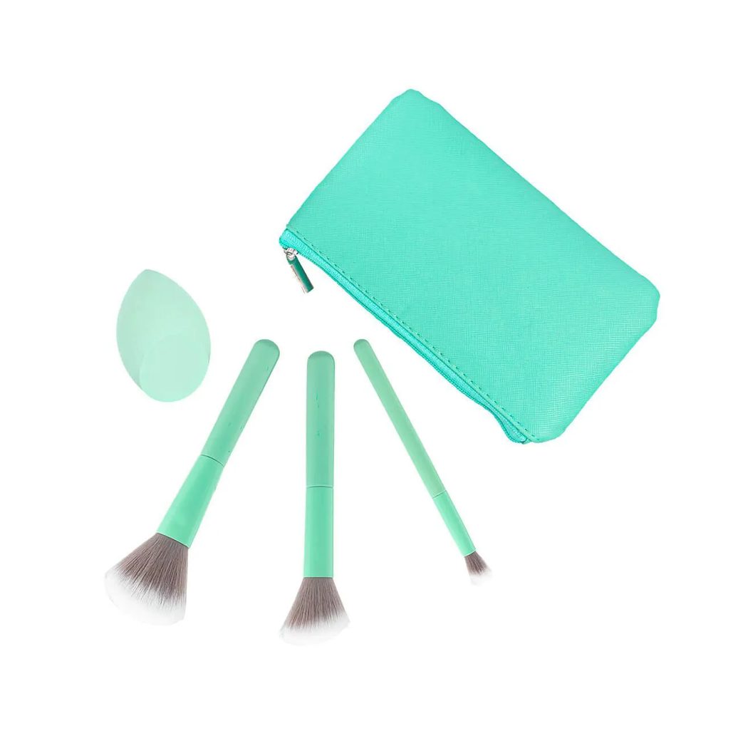 Kit com 3 Pinceis de Maquiagem Lanossi e 1 Esponja + 1 Necessaire Mint Green