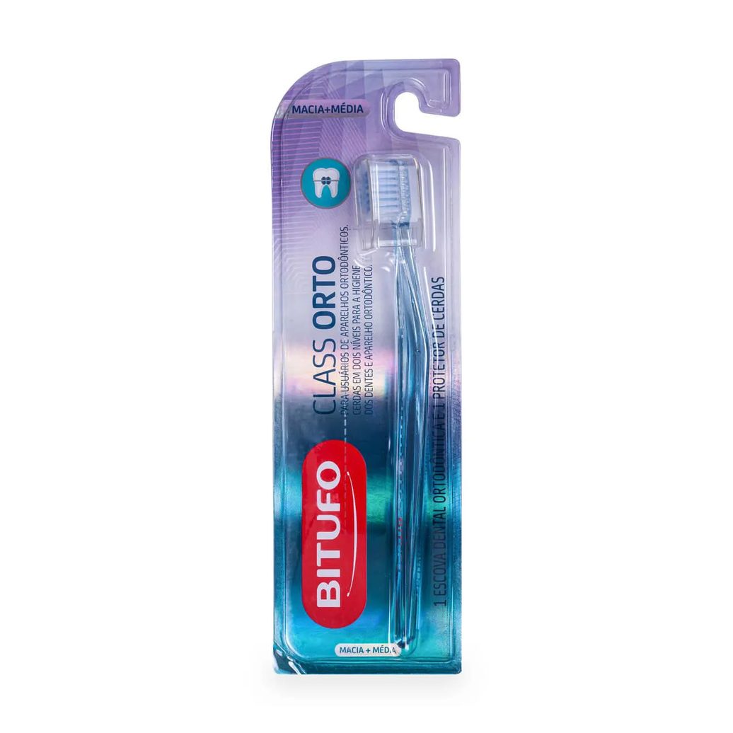Escova de Dente Ortodôntica Bitufo Class Orto Macia+Média com 1 unidade + 1 protetor de cerdas