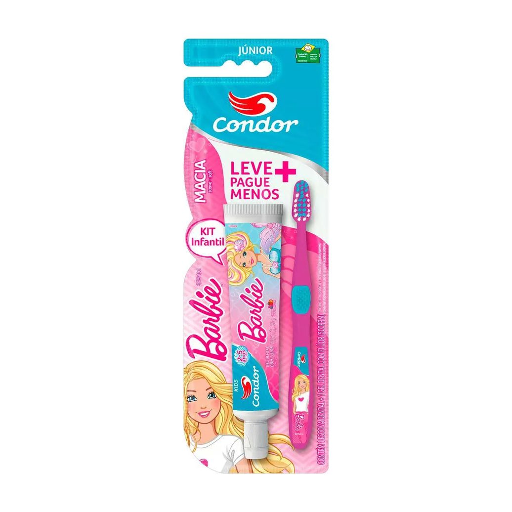 Kit Gel Dental Infantil com 50g + Escova de Dente Condor Júnior Barbie Macia