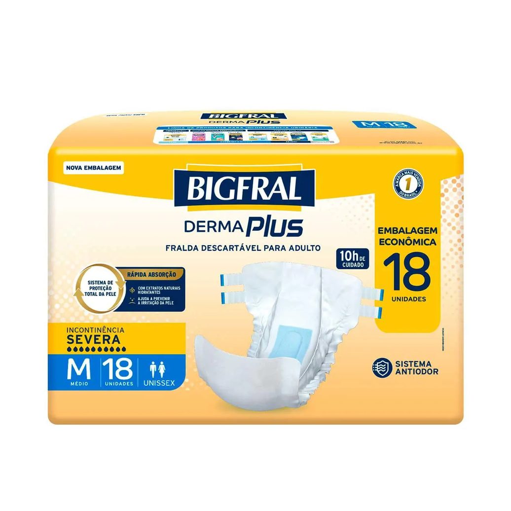 Fralda Geriátrica Unissex Bigfral Derma Plus M Absorção Intensa 18 unidades