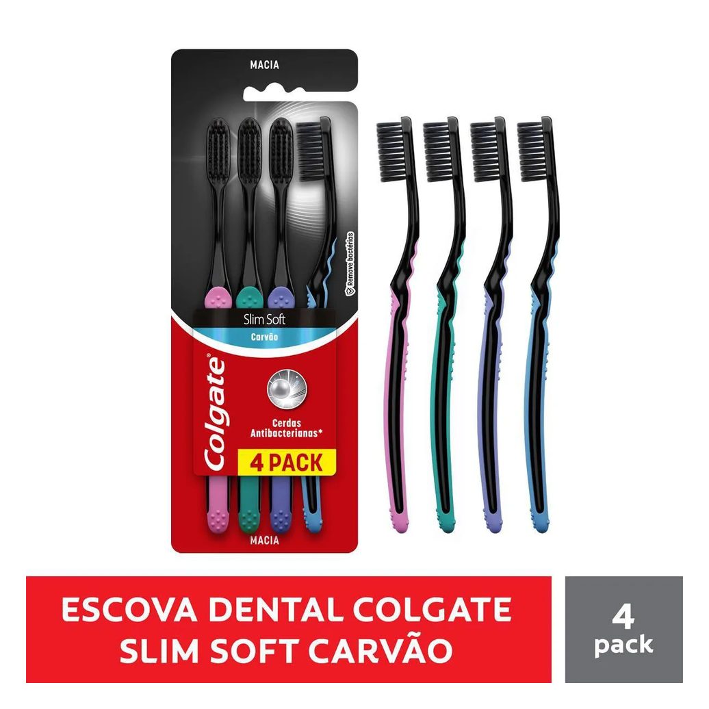 Kit Escova de Dente Colgate Slim Soft Black Carvão 4 unidades