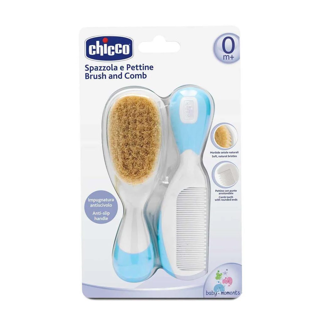 Kit Escova e Pente Chicco de Cerdas Naturais Cor Azul com 1 unidade