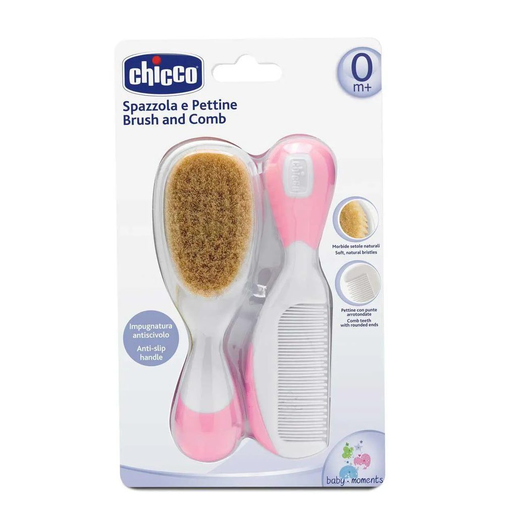Kit Escova e Pente Chicco de Cerdas Naturais Cor Rosa com 1 unidade