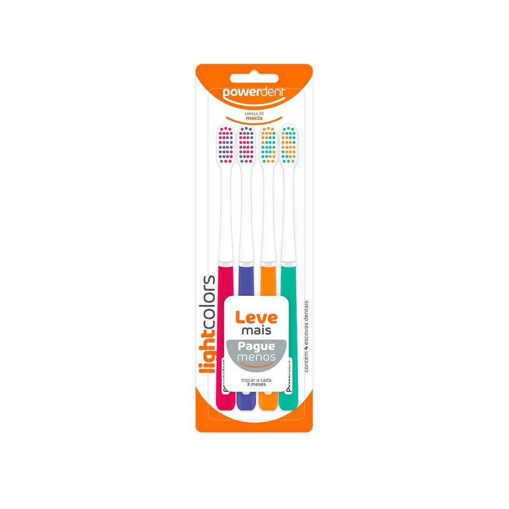 Escova de Dente Powerdent Light Colors com 4 Unidades