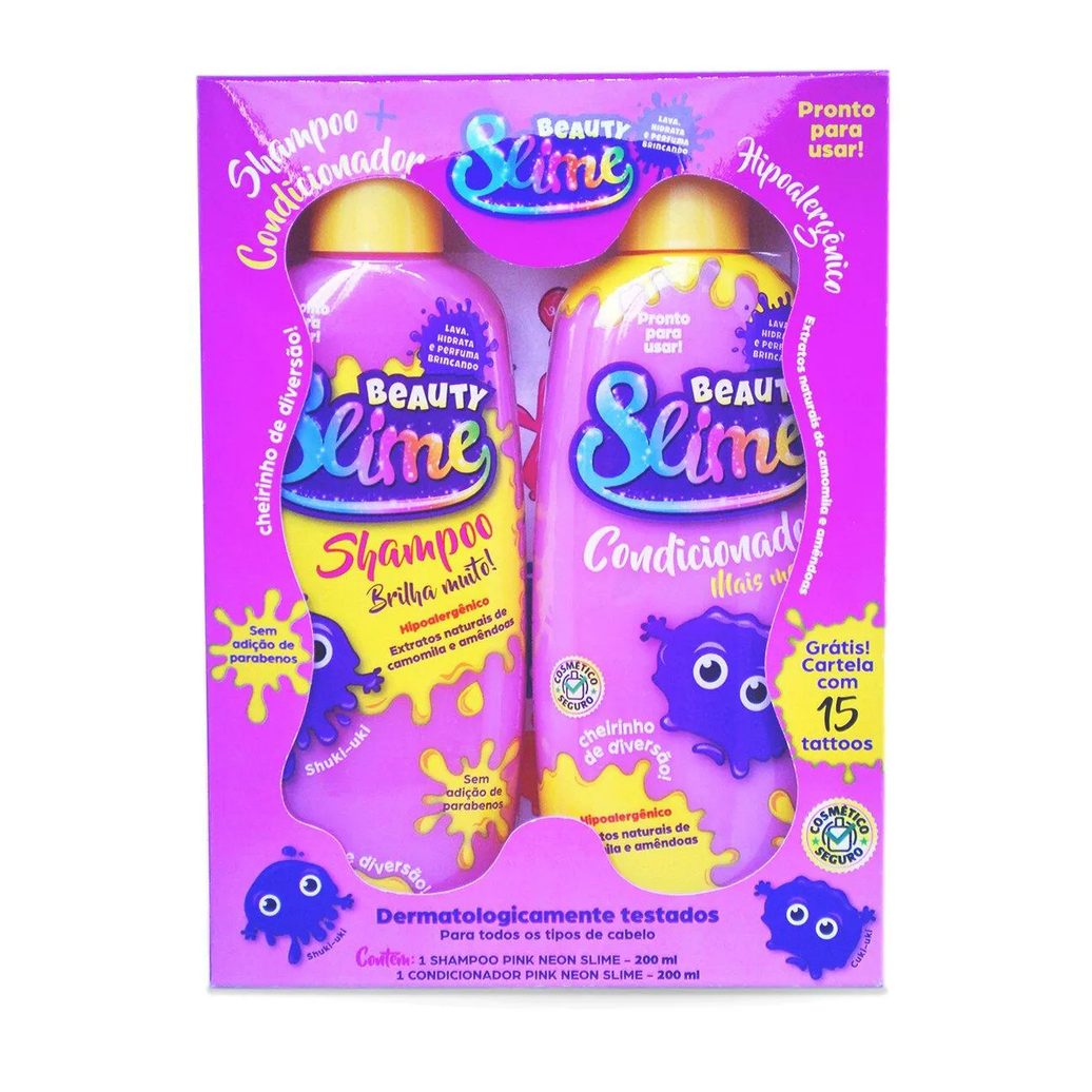 Kit Infantil Beauty Slime Pink Neon Shampoo 200ml + Condicionador 200ml