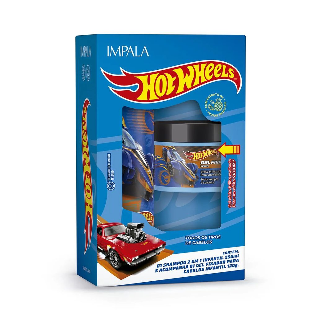 Kit Impala Hot Wheels Shampoo 2 em 1 250ml + Gel Fixador Azul 120g