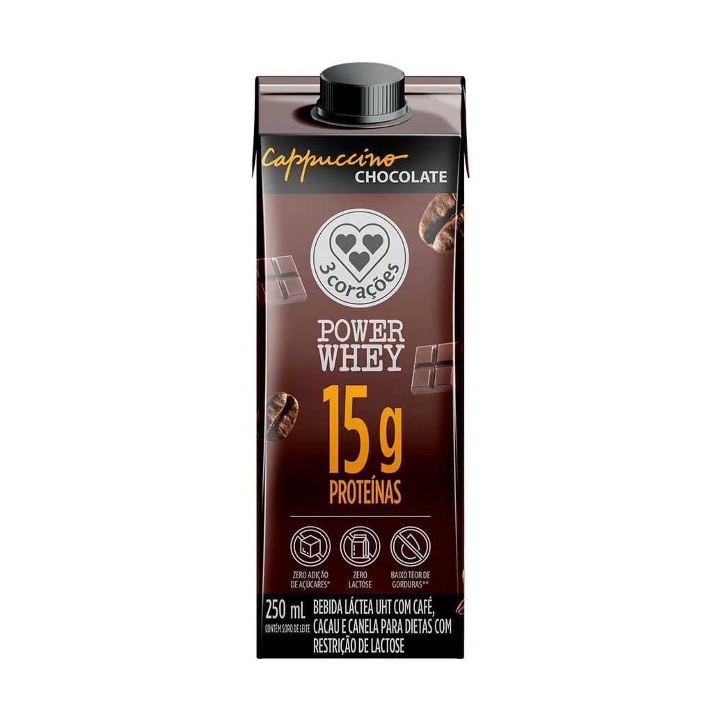 Cappuccino 3 Corações Power Whey Zero Lactose Chocolate 250ml