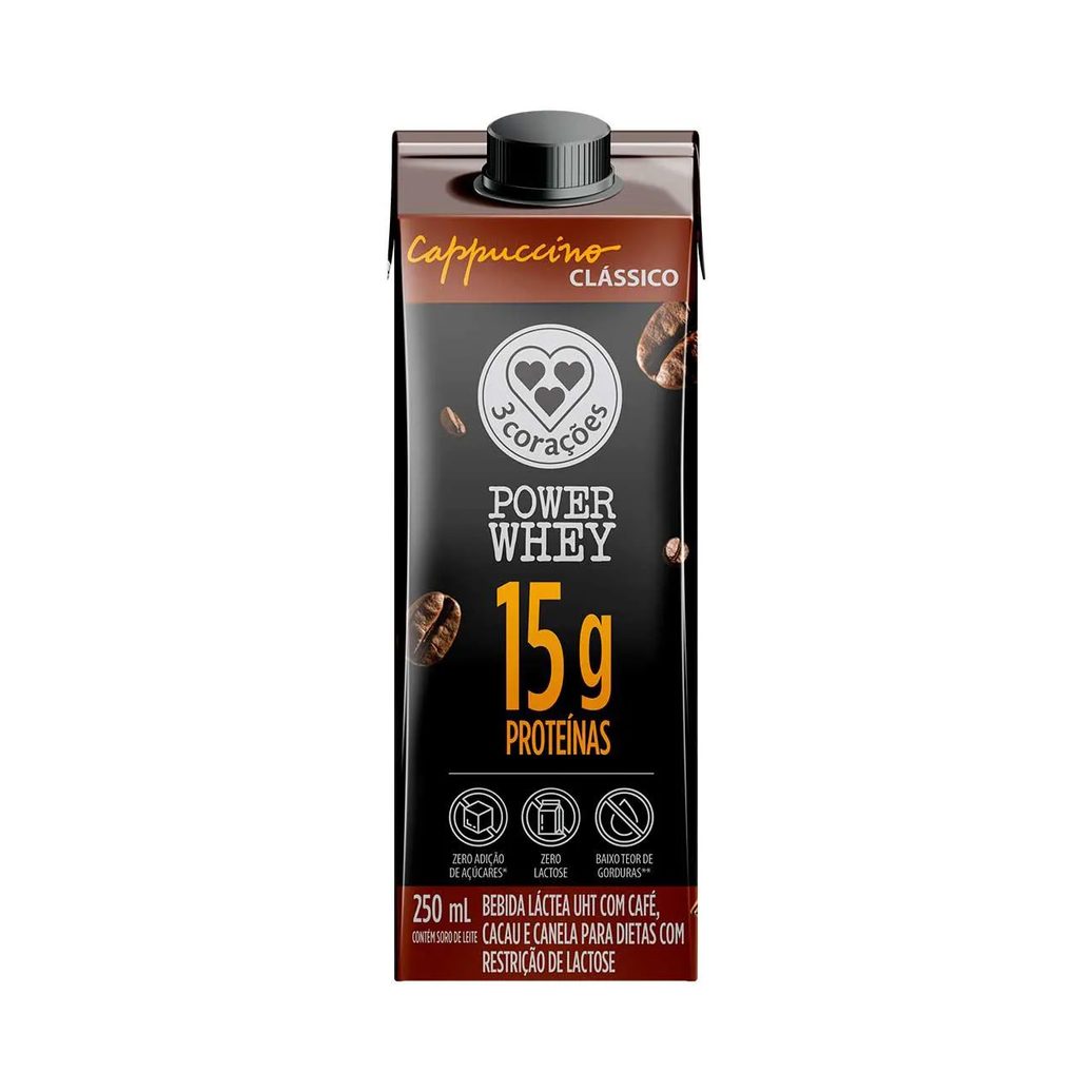 Cappuccino 3 Corações Power Whey Zero Lactose Clássico Caixa 250ml