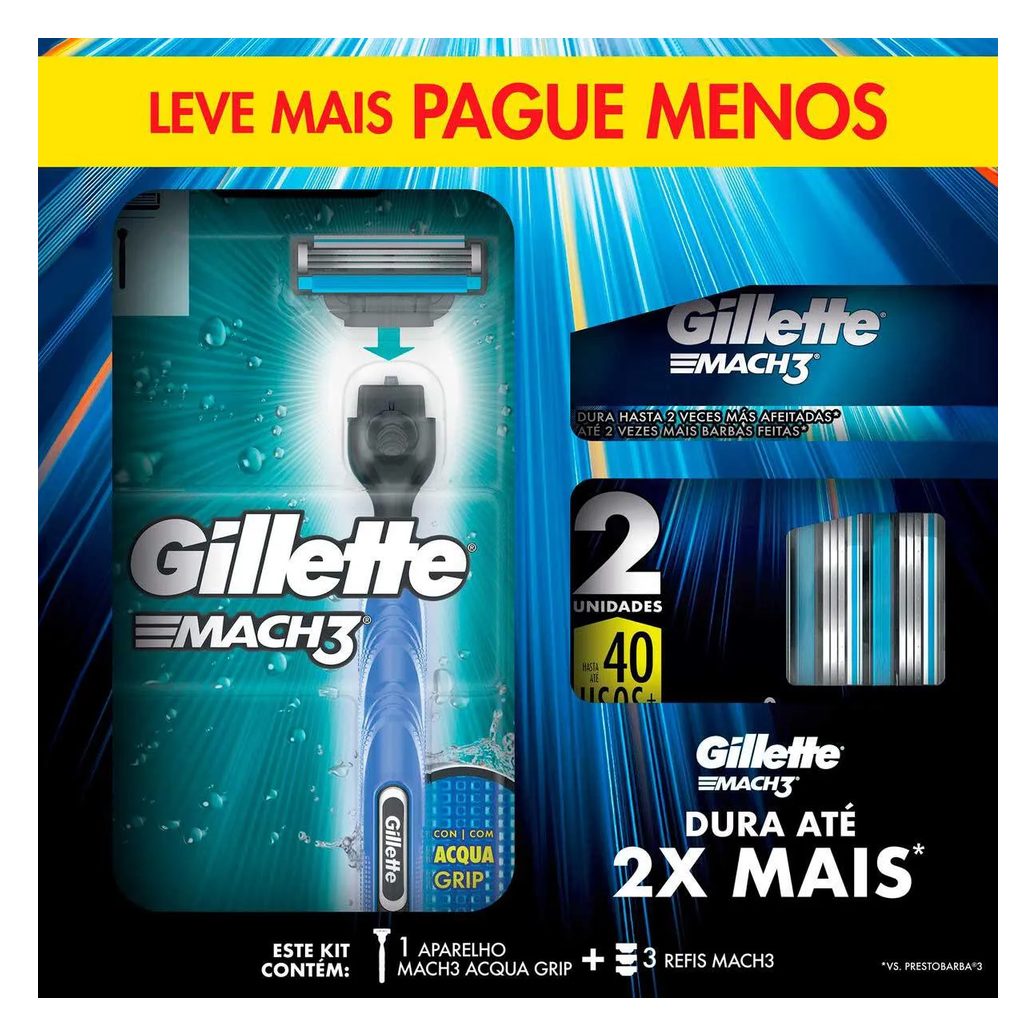 Kit Barbeador Gillette Mach3 Acqua Grip 1 aparelho + 2 cargas