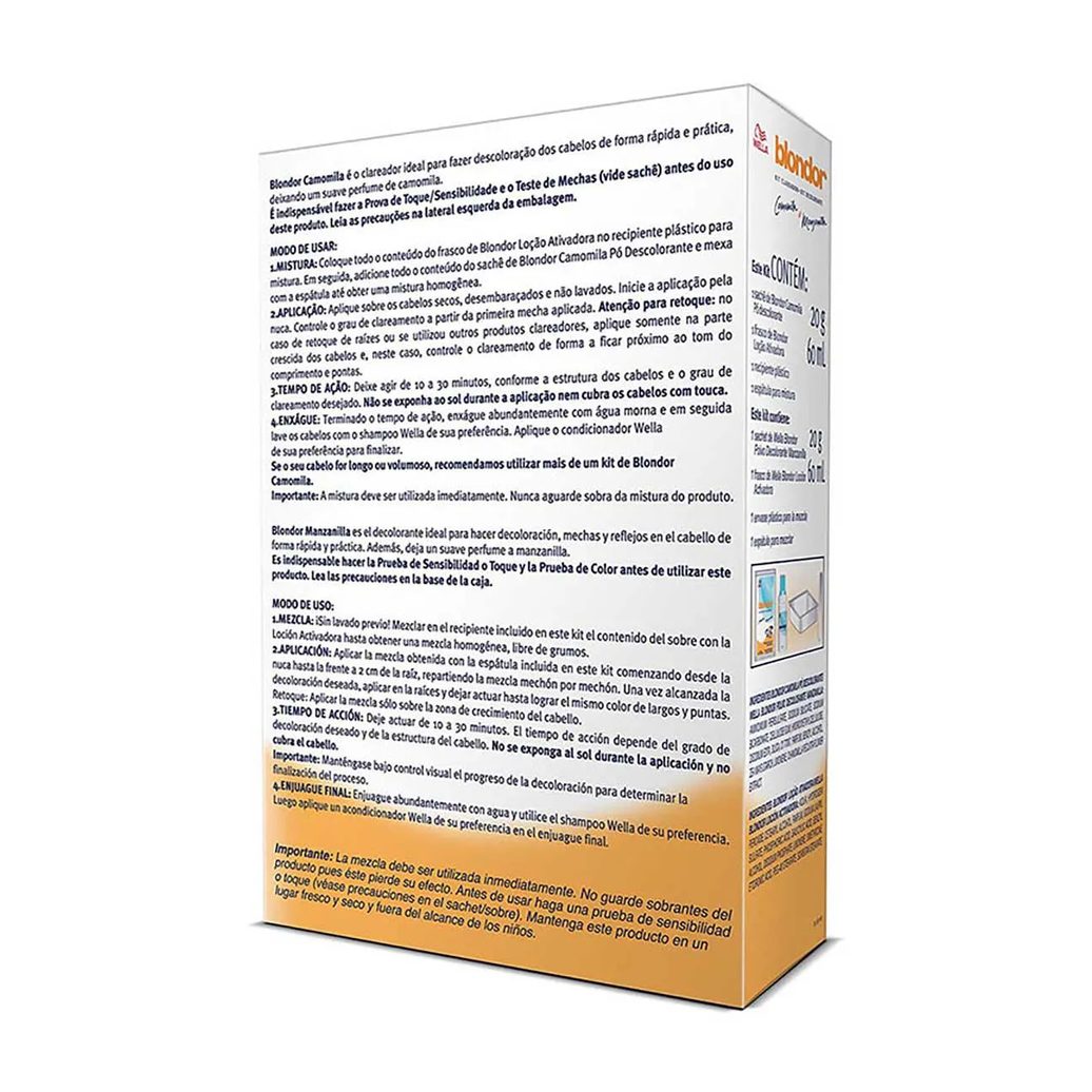 Kit Clareador de Cabelos Blondor Camomila e Manzanilla com 1 sachê de pó descolorante + 1 frasco de loção ativadora + 1 tigela plástica + 1 espátula
