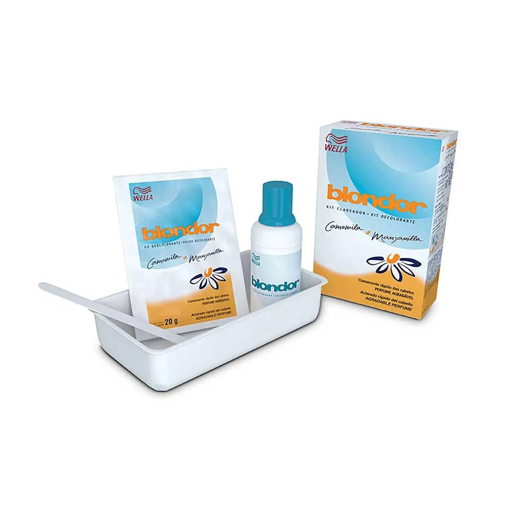Kit Clareador de Cabelos Blondor Camomila e Manzanilla com 1 sachê de pó descolorante + 1 frasco de loção ativadora + 1 tigela plástica + 1 espátula