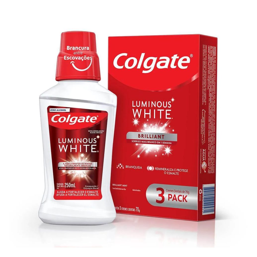 Kit Colgate Luminous White Brilliant Creme Dental 70g 3 unidades + Enxaguante Bucal 250ml