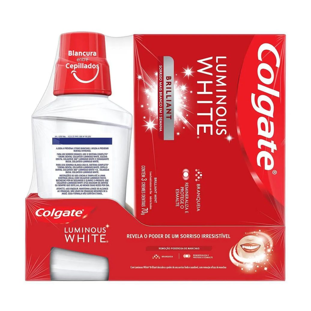 Kit Colgate Luminous White Brilliant Creme Dental 70g 3 unidades + Enxaguante Bucal 250ml