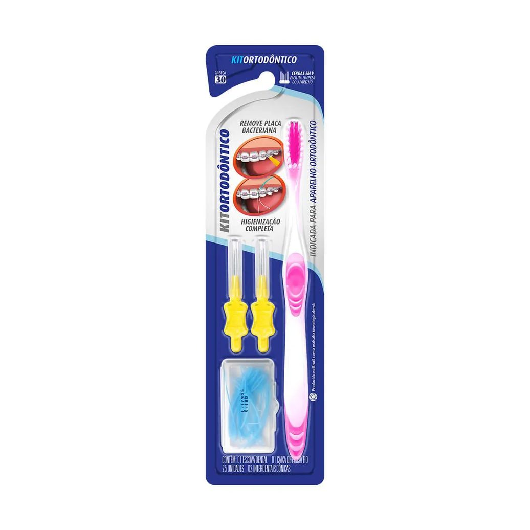 Kit Ortodôntico Dentalclean Escova de Dente + 2 Escovas Interdentais Cônicas + Passa Fio 25 unidades