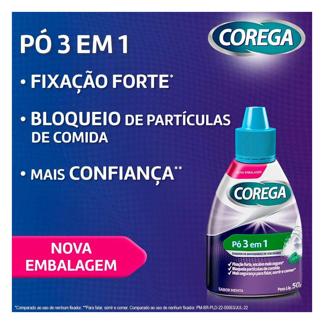 Pó Fixador de Dentaduras Corega 3 em 1 Sabor Menta 50g