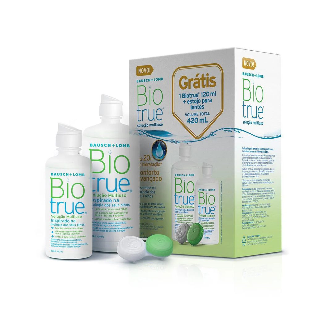Kit Biotrue Solução para Lentes de Contato com 1 frasco de 300ml + 1 frasco de 120ml + 1 estojo para lentes